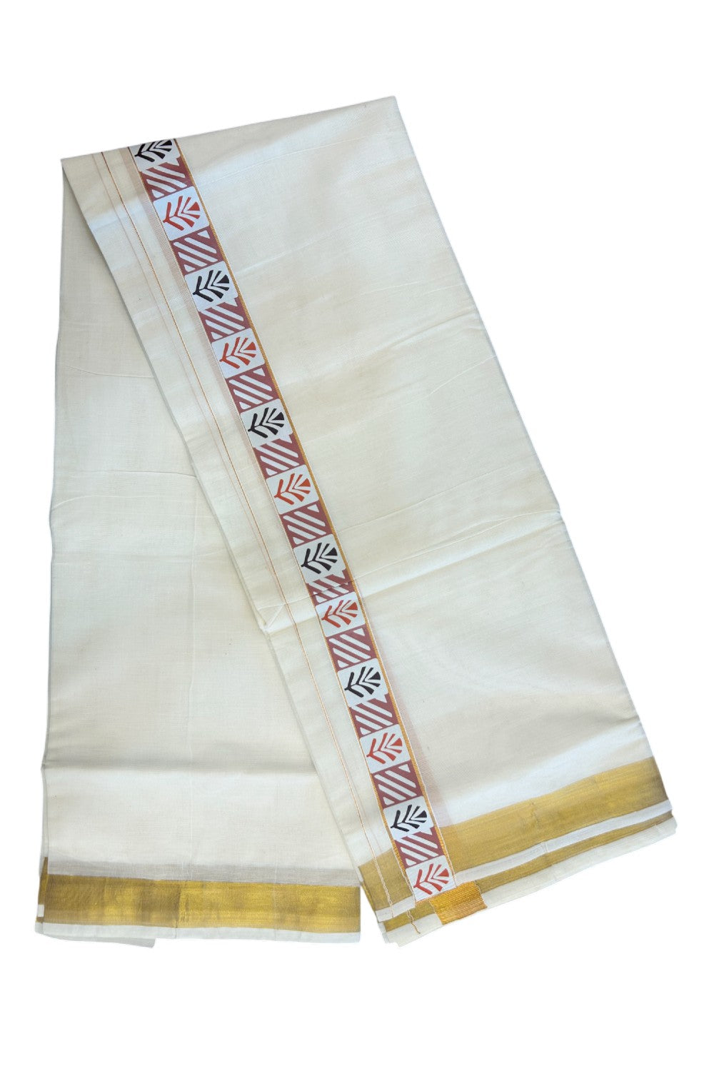 20% DISCOUNT! KaithariKada Balaramapuram 100% Cotton off white - (Unbleached) Double Mundu/Dhoti - 80X72 Cotton mix - 1.5 inch Printed Multicolour & Gold kasavu kara - 3KK5172PMC