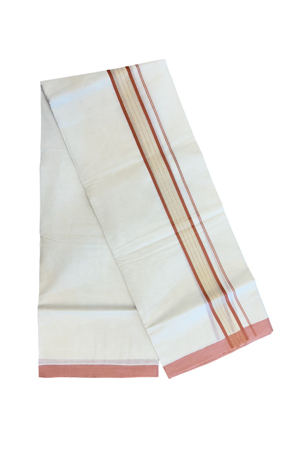 20% DISCOUNT! KaithariKada Balaramapuram Double OFF WHITE Mundu/Dhoti - 80x90 - 1.5 Inch Tissue Brick Orange striped Kara - 3KK5182VAS