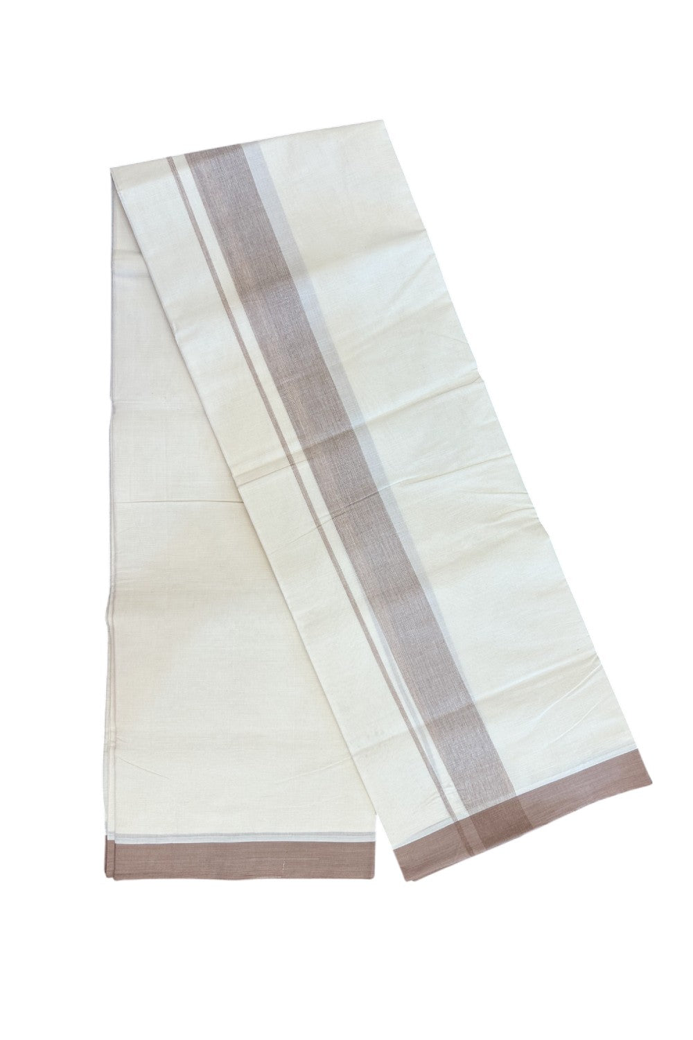 20% Discount ! Kaitharikada Balaramapuram 100% Cotton Double Off white (Unbleached) Mundu/Dhoti - 100x80 - 1.75 inch Sand Brown shaded Kara - 3KK5186CKS