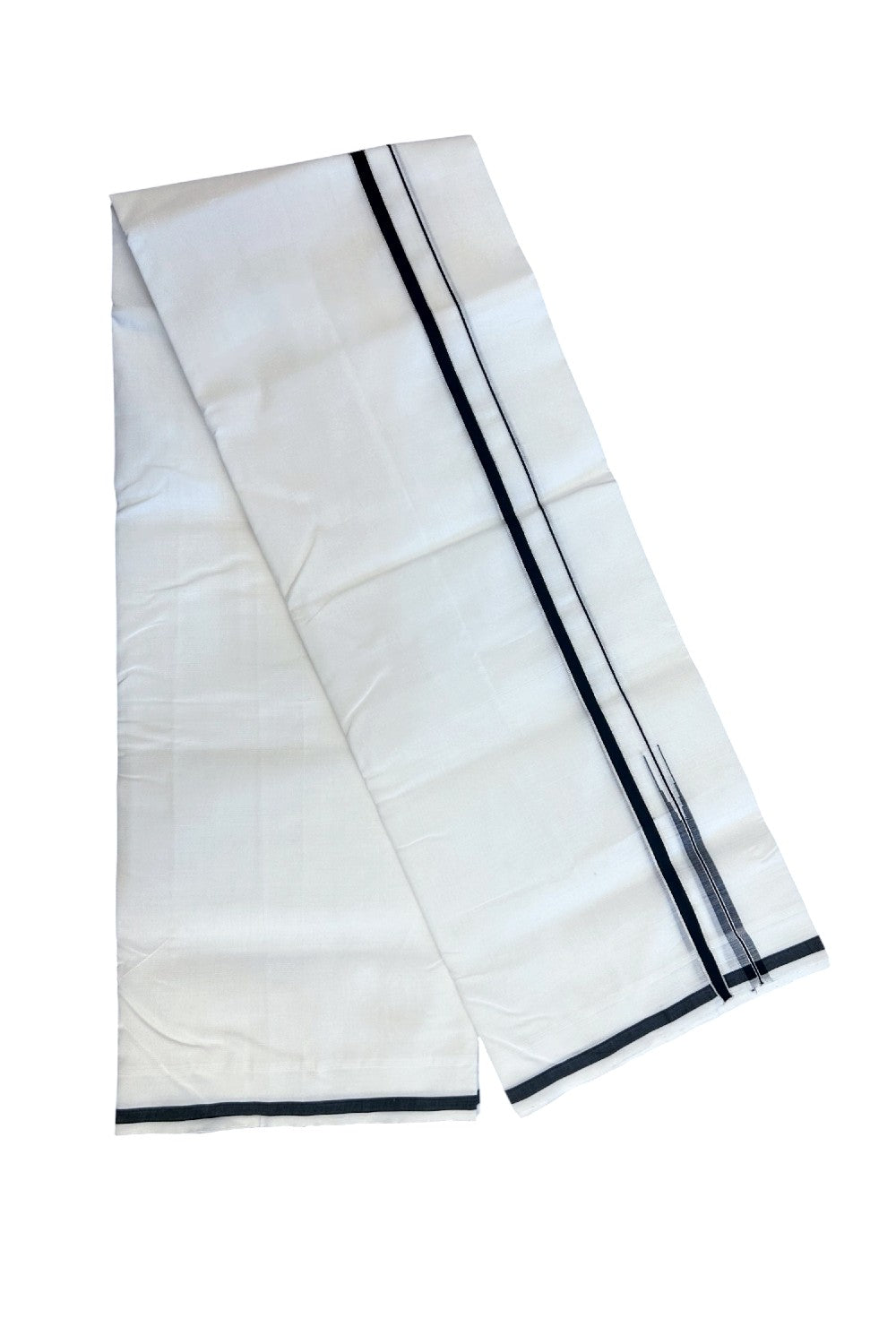 25% Discount!! NEW ULTRA PURE WHITE HANDLOOM Balaramapuram - 100% Mercerised Cotton Double Mundu/Dhoti - 120(Twisted) x 80 - 0.5 inch Black Silver Puliyilakkara Chutty - 3KK5195REA