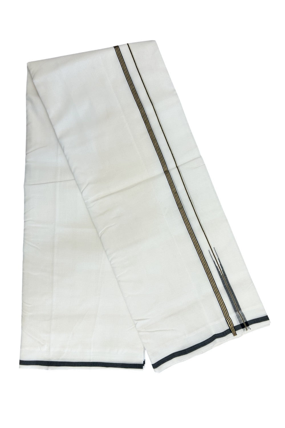25% Discount!! NEW ULTRA PURE WHITE HANDLOOM Balaramapuram - 100% Mercerised Cotton Double Mundu/Dhoti - 120 twisted warp x 80s weft - 0.25 inch Puliyilakkara Black & Gold Kasavu Striped Chutty Kara- 3KK5200REA