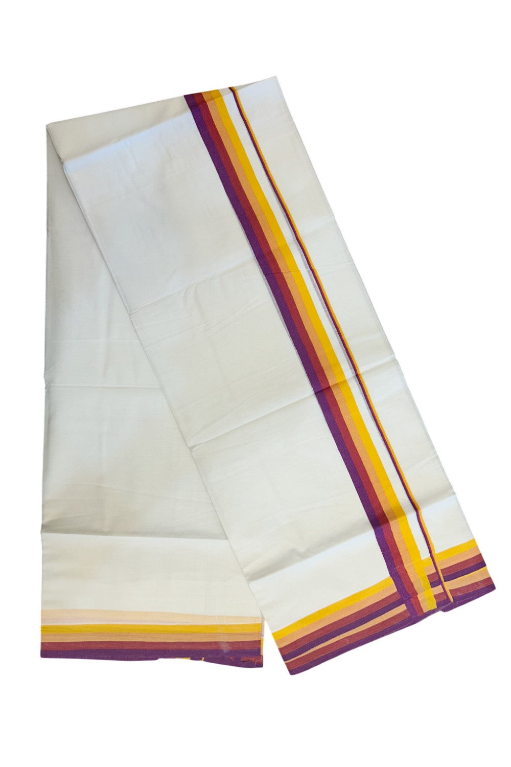 21% DISCOUNT ! KaithariKada Balaramapuram 100% Cotton Pure white Double Mundu/Dhoti - 100X90 - 1.25 inch Multi Colour kara - 3KK5202PMC