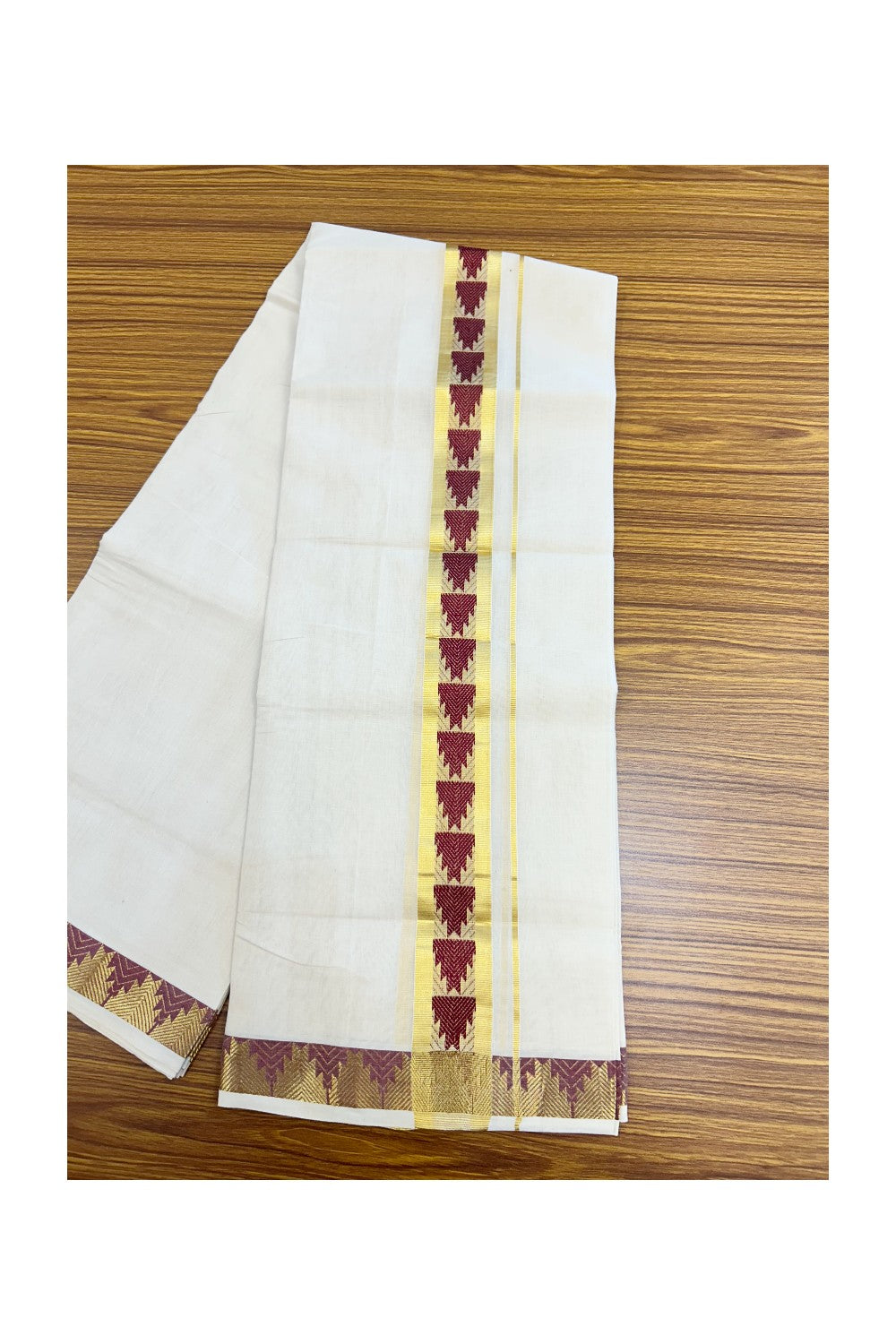 25% DISCOUNT ! KaithariKada HANDLOOM Unakkupaav Balaramapuram - 100% PURE Cotton Off White - (Unbleached) Double Mundu/Dhoti - 1.75 inch Gold Kasavu & Maroon Temple Jacquard Design Kara - 3KK5206 ABH
