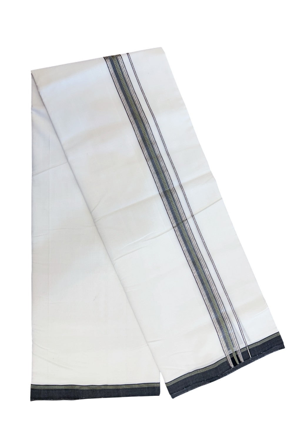 25% Discount!! NEW ULTRA PURE WHITE HANDLOOM Balaramapuram - 100% Mercerised Cotton Double Mundu/Dhoti - 120 twisted warp x 80s weft - 1.25 inch Silver Kasavu & Black Green Striped Kara- 3KK5209 REA