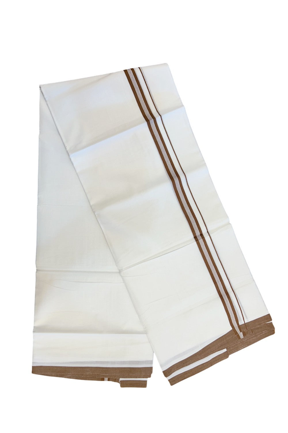 20% Discount ! Kaitharikada Balaramapuram 100% Cotton PURE WHITE Double Mundu/Dothi - 100x80 - 0.75 inch Brown Striped Kara - 3KK5217 CKS