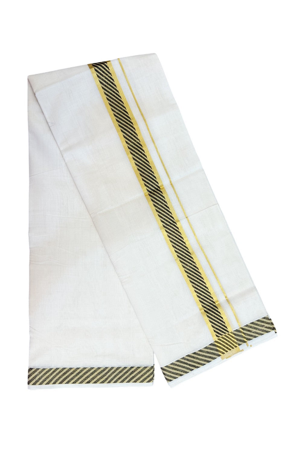 25% DISCOUNT ! KaithariKada HANDLOOM Unakkupaav Balaramapuram - 100% PURE Cotton OFF WHITE - (Unbleached) Double Mundu/Dhoti - 80x90 - 1.75 inch Gold Kasavu & Black Jacquard Design Kara 4 mtr (8.5 Muzham) - 2KK5231 ABH