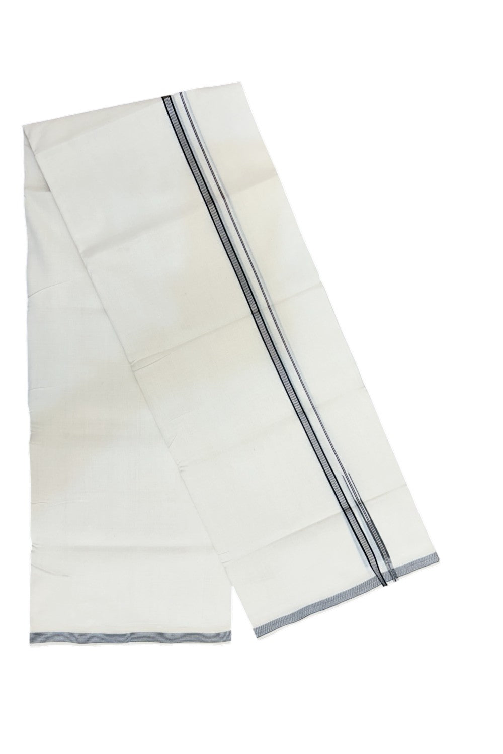 25% Discount!!! KaithariKada HANDLOOM UNAKKUPAAV Balaramapuram - 100% PURE Cotton OFF WHITE (Unbleached) Double Mundu/Dhoti - 80x90 - 1 cm Silver striped Black chutty kara 4 Mtr (8.5 Muzham) - 3KK5235 YAR