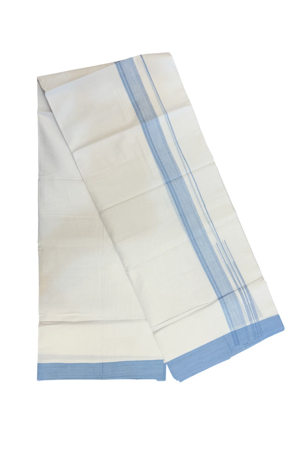 20% Discount!!! KaithariKada Balaramapuram Double PURE WHITE Mundu/Dhoti - (80s) - 1.5 inch puliyilakkara Light Sky Blue shaded Striped chutty Kara - 3.86 mtr ( 8 muzham)- 3KK5239 GAN