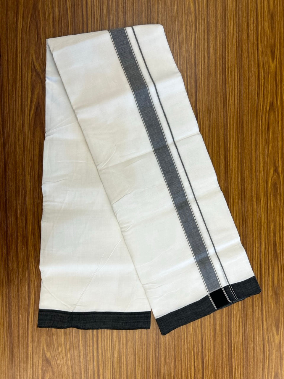 25% Discount!! NEW ULTRA PURE WHITE HANDLOOM Balaramapuram - 100% MERCERISED Cotton Double Mundu/Dhoti - 120 twisted warp x 80s weft - Black & Silver Kasav Kara- 3KK5248 REA