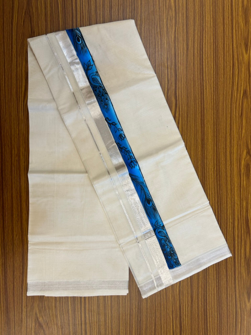 24% Discount! Hand Painted - KaithariKada 100% Cotton Double Off white - (Ubleached) Mundu / Dhoti - 100x80 1 inch Silver Kasavu & Hand Painted Peacock - 3 KK5259 CKS