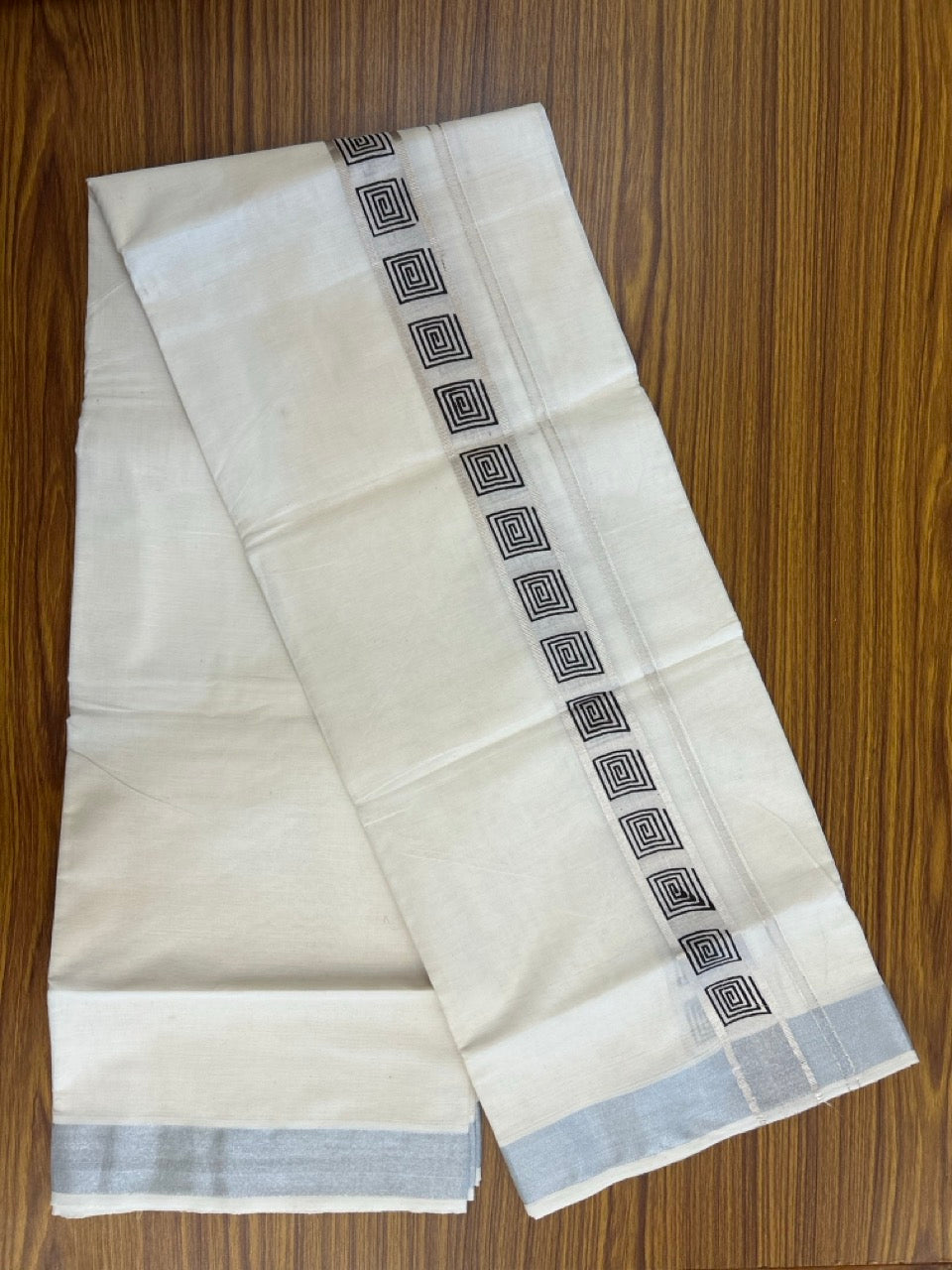 KaithariKada 100% Cotton Double 4 meter Off white - (Ubleached) Mundu / Dhoti - 100x80 1.5 inch Silver Kasavu & Black Printed Tribal - 3 KK5262 MUT