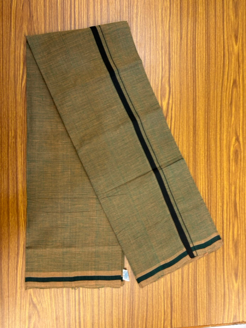Handloom Single Hallmarked - 10% Discount !! KaithariKada 100% Pure Cotton - Mundu/Dhoti Sage Green Body Black 0.5 inch Kara- (2 meter / 4 muzham)- 3 KK8030 ELA
