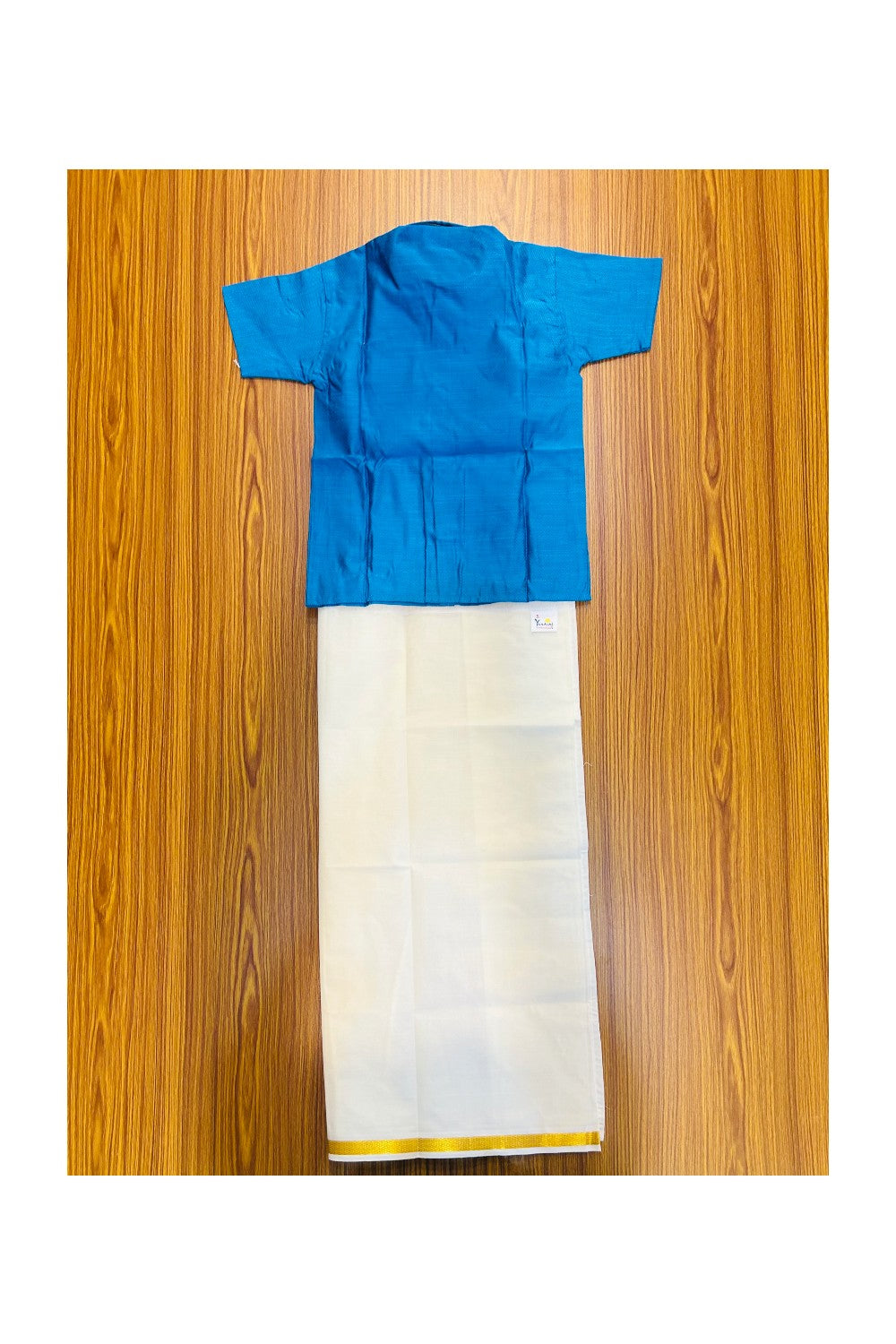 10% DISCOUNT !!! Yuvraj-Traditional South Indian Kids Shirt & Mund - Dark sky blue Shirt Off white Kasavu Mund Age 5- 3KK107YUV5