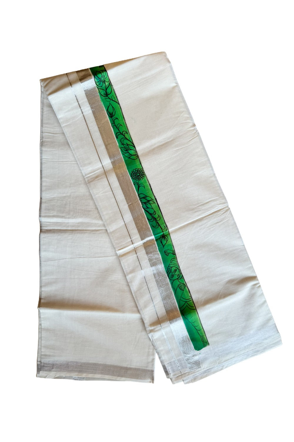 30% Discount! KaithariKada Balaramapuram 100% Cotton off white Double - (Unbleached) Mundu/Dhoti-80x72- Silver Kasavu HAND PAINTED Green Flower pattern 3inch Kara - 3KK424CEE