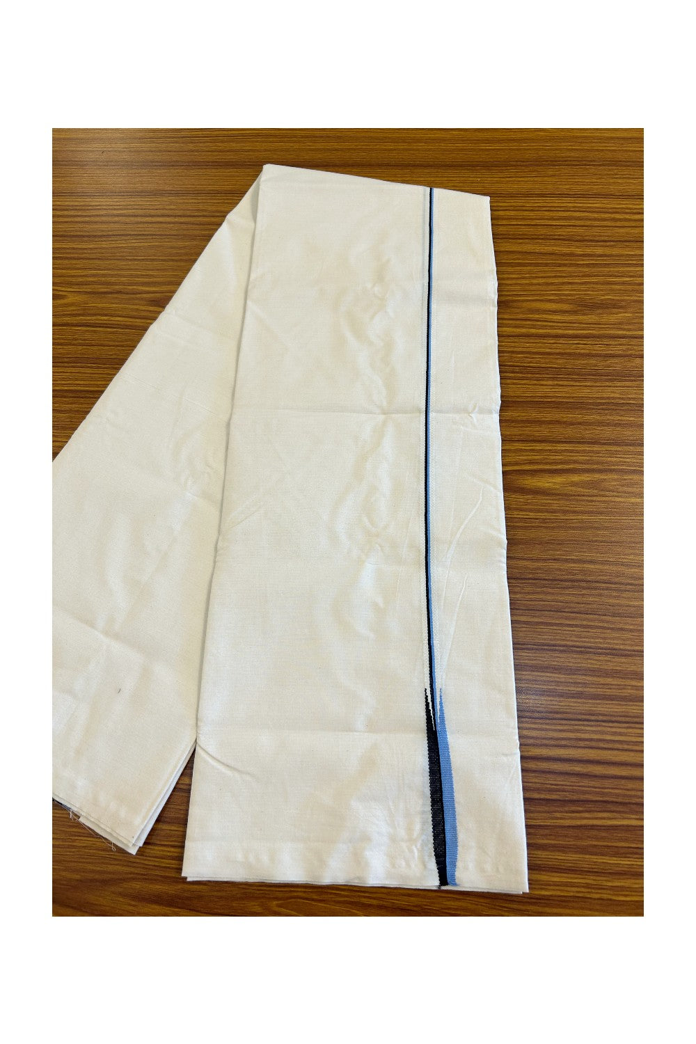 28% DISCOUNT ! KaithariKada Balaramapuram 100% COTTON SINGLE OFF WHITE (Unbleached) Mundu/Dhoti-100X100- 0.5 Inch Puliyilakkara Blue& Black Chutty (2 meter / 4 muzham) - 3KK446ASH