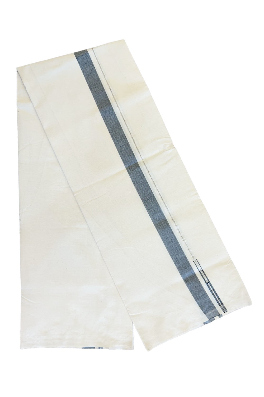 30% DISCOUNT ! KaithariKada Balaramapuram 100% COTTON SINGLE OFF WHITE (Unbleached) Mundu/Dhoti-Twisted 100s Thread- 1.25inch Ash Black & Silver Kasav Chutty (2 meter / 4 muzham) -3KK455ASH