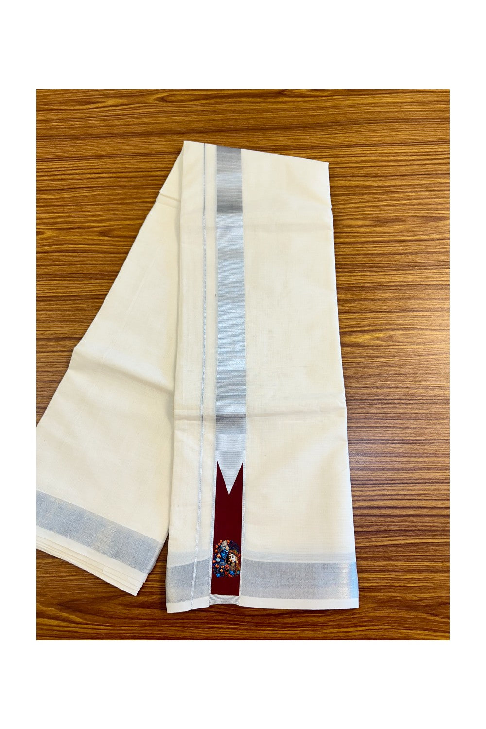 KaithariKada Balaramapuram Off white (Unbleached) Double Mundu/Dhoti- 80x72- 2.25 inch Printed Silver Kasavu & Mural Design 3.96m- 3KK457VIN