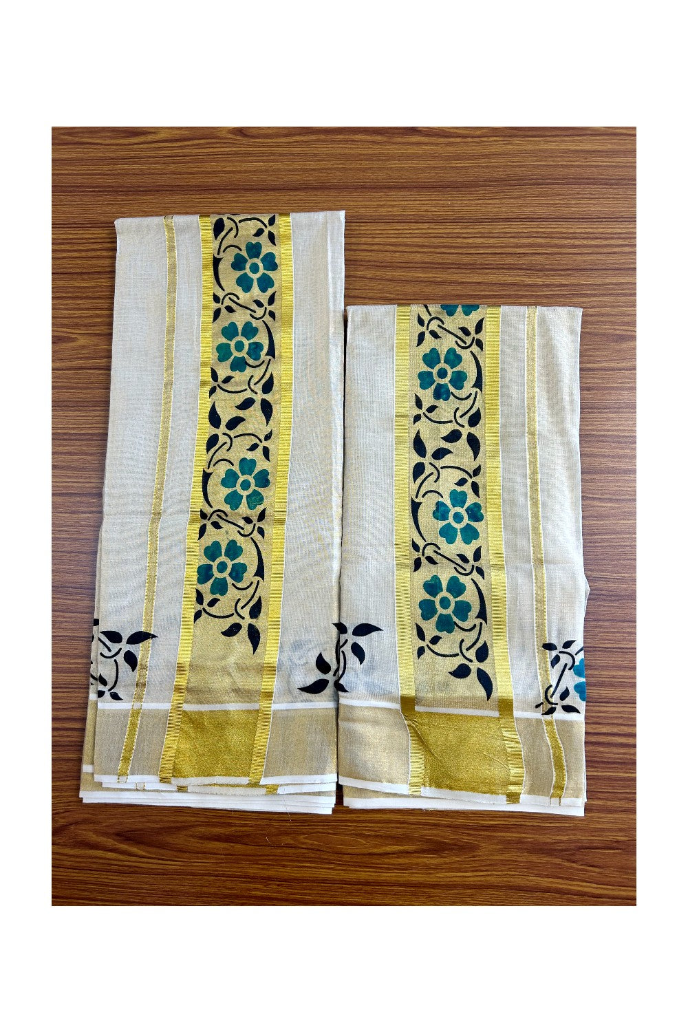 30% Discount!! KaithariKada - Kerala Tissue Single Set Mundu -EXTRA LENGTH - Kasavu Printed Kara with Green Flower Design - 3KK471CKA