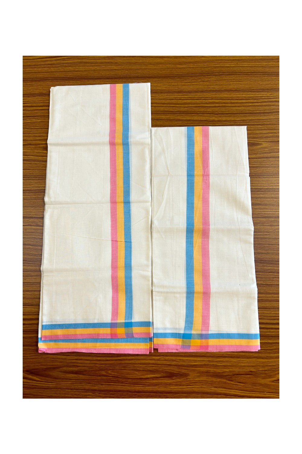 15% Discount!! KaithariKada - Kerala Cotton SINGLE SET MUND FOR WOMEN - EXTRA LENGTH -Blue, Yellow & Pink Stripes Mulloth Kara- 3KK472CKA