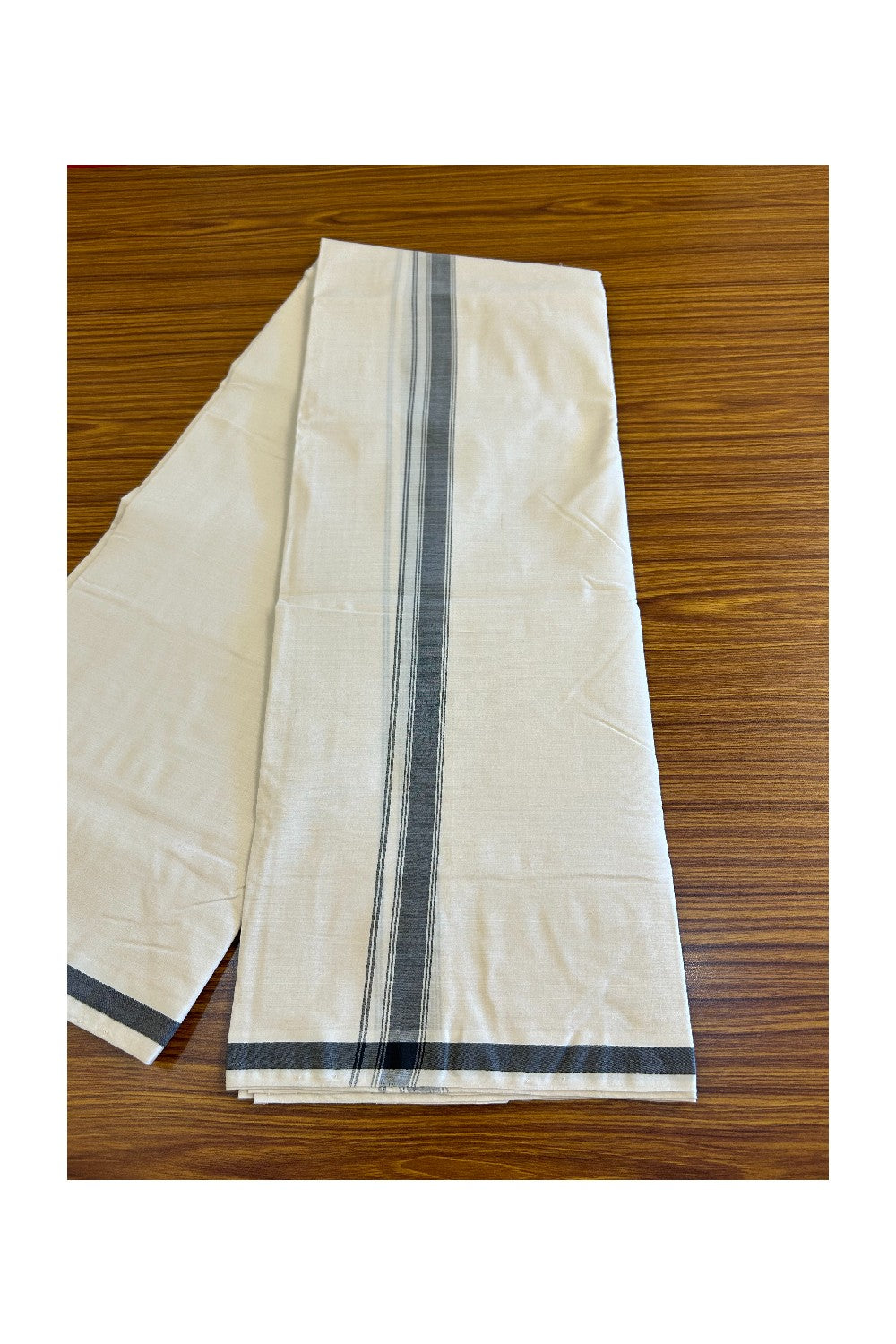 120X120 PREMIUM Kaitharikada Exclusive - 25% DISCOUNT! BALARAMAPURAM HANDLOOM Unakkupaavu - 100% PURE Cotton Double Mundu/Dhoti OFF WHITE (Unbleached) - 1.5 inch Black Striped Kara - 3KK477KAL