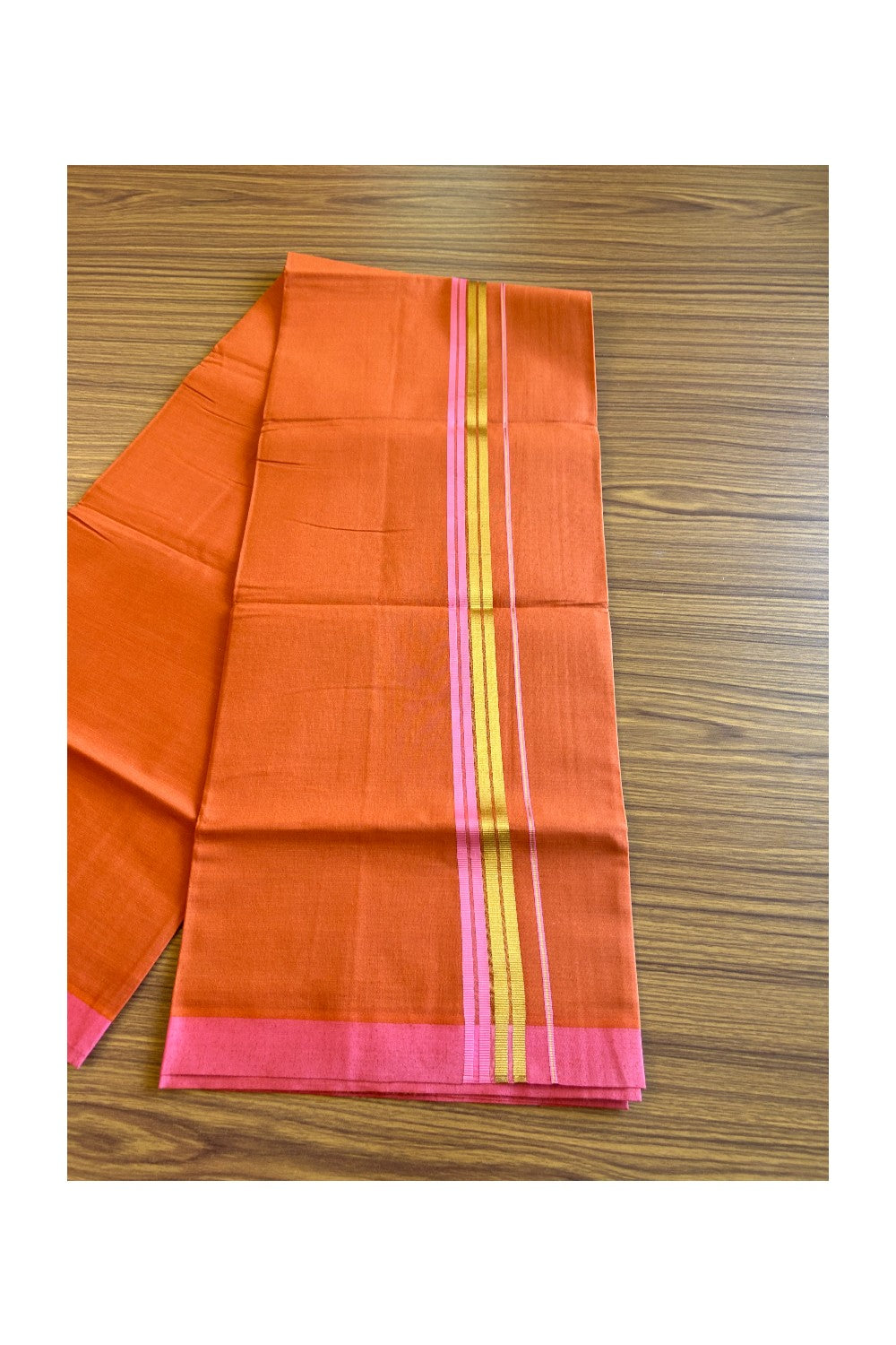 Kaitharikada Soft Cotton - Kaily / Lungi - 1.75 inch Pink & kasavu striped kara with KAAVI colour body - 3KK492RAM