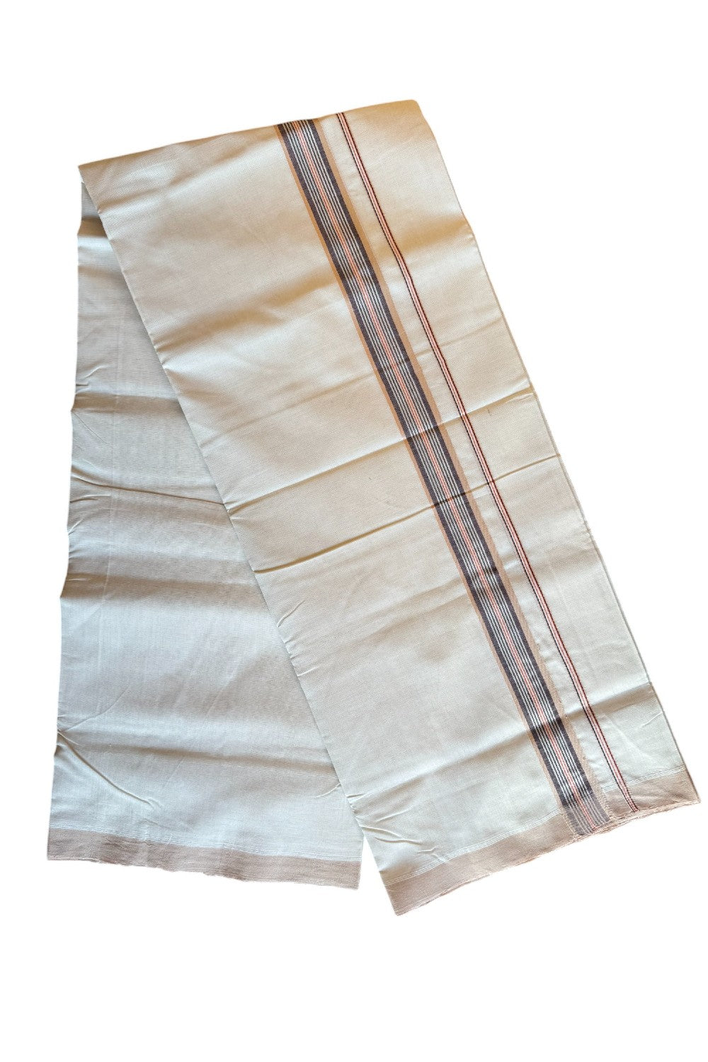25% Discount!! KaithariKada Handloom Unakkupaav Balaramapuram - 100% Pure Cotton Off White Double Mundu/Dothi - 2.25 inch Light Brown Mixed Stripes Mulloth Kara 4.5 Meters (10 Muzham) - 3KK494SOM