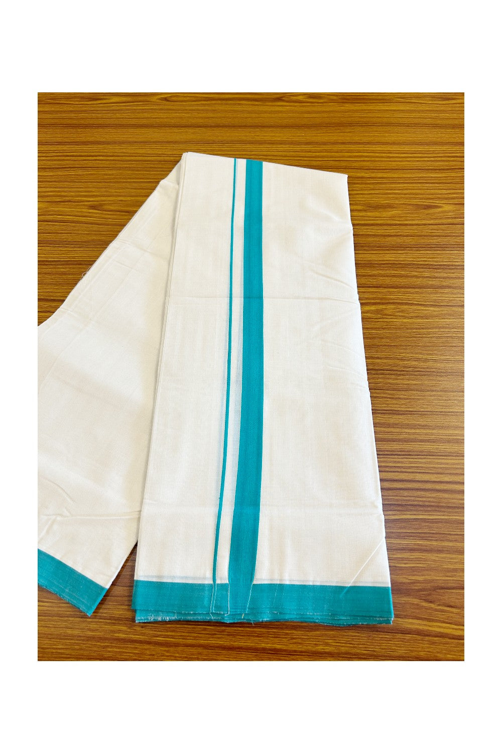 30% DISCOUNT!! KaithariKada HANDLOOM UNAKKUPAAV Balaramapuram - 100% PURE Cotton OFF White - (Unbleached) Double Mundu/Dothi - 1.75 Inch Green Mulloth Kara - 3KK498KK