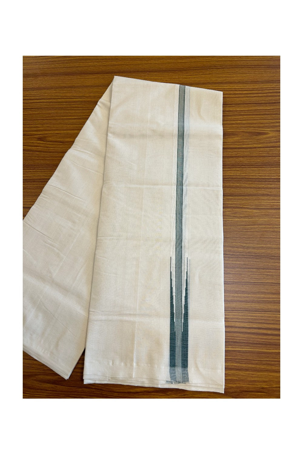 30% DISCOUNT!! KaithariKada HANDLOOM Millpaav Balaramapuram - 100% PURE Cotton OFF White Double - (Unbleached) Mundu/Dothi - 1.25 inch Puliyilakkara Green Chutty kara - 3KK5011RAM