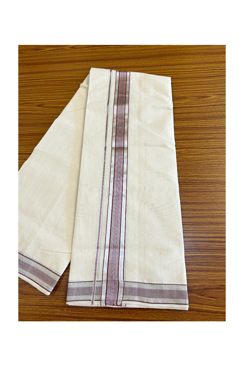 30% DISCOUNT!! KaithariKada HANDLOOM Millpaav Balaramapuram - 100% PURE Cotton OFF White - (Unbleached) Double Mundu/Dothi - 2.5 inch MAROON & Silver stripes kara - 3KK503RAM