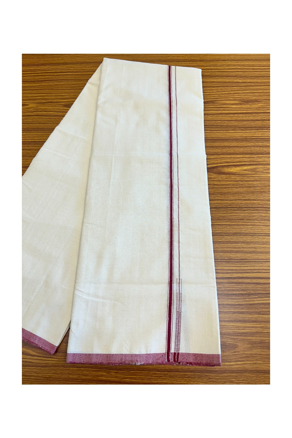 SIGNATURE KAITHARIKADA EXCLUSIVE SINGLE DHOTI - 25%DISCOUNT!! 100% Cotton Balaramapuram HANDLOOM Single Mundu/Dhoti - Off White - (Unbleached) 1 cm Maroon & Silver Striped KASAVU Chutty Kara (2 meter / 4 muzham) - 3KK5040KAI