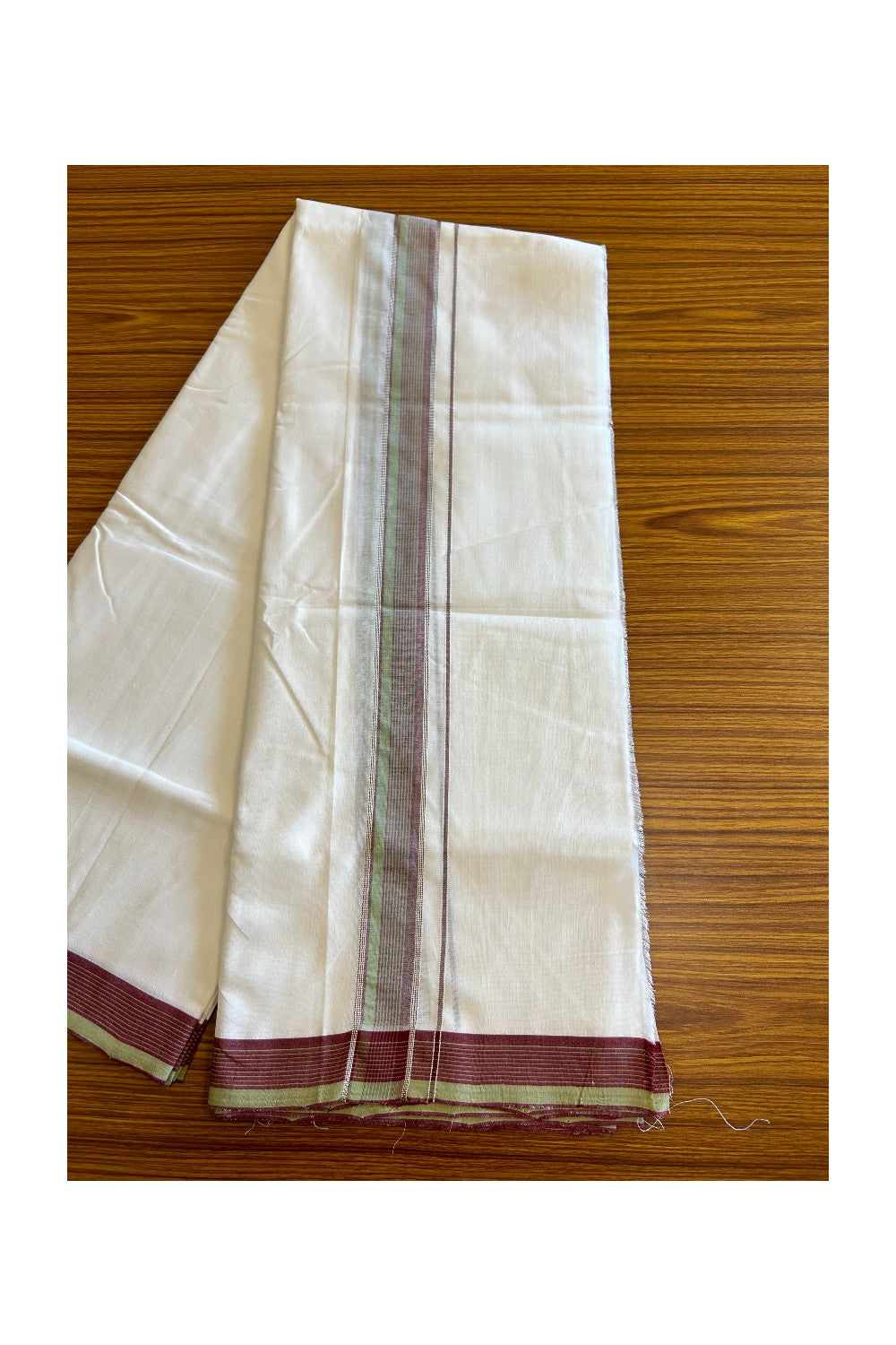 25% Disocunt! NEW PURE WHITE HANDLOOM UNAKKUPAAV Balaramapuram - 100% Cotton Double Pure White - Mundu/Dhoti - 100x100 2.25 inch Pista Green & Maroon Silver Kasavu Striped Kara 3.87 mtrs (8 Muzham) - 3KK5047REA
