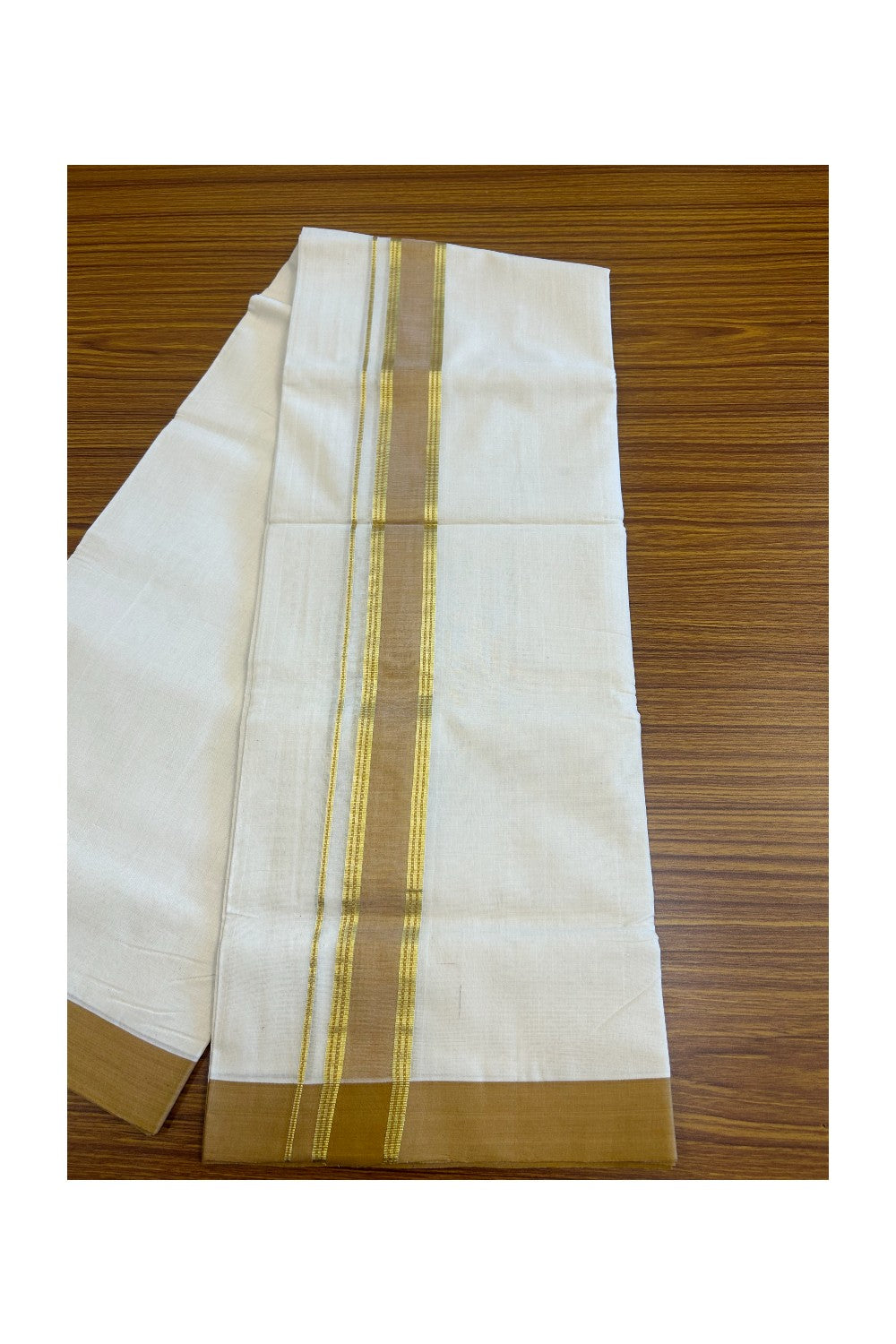 25% Discount KaithariKada HANDLOOM Unakkupaav Balaramapuram - 100% PURE Cotton Off White (Unbleached) - 100x100 Double Mundu/Dhoti - 2.25 inch Kasavu Light Brown Kara- 223