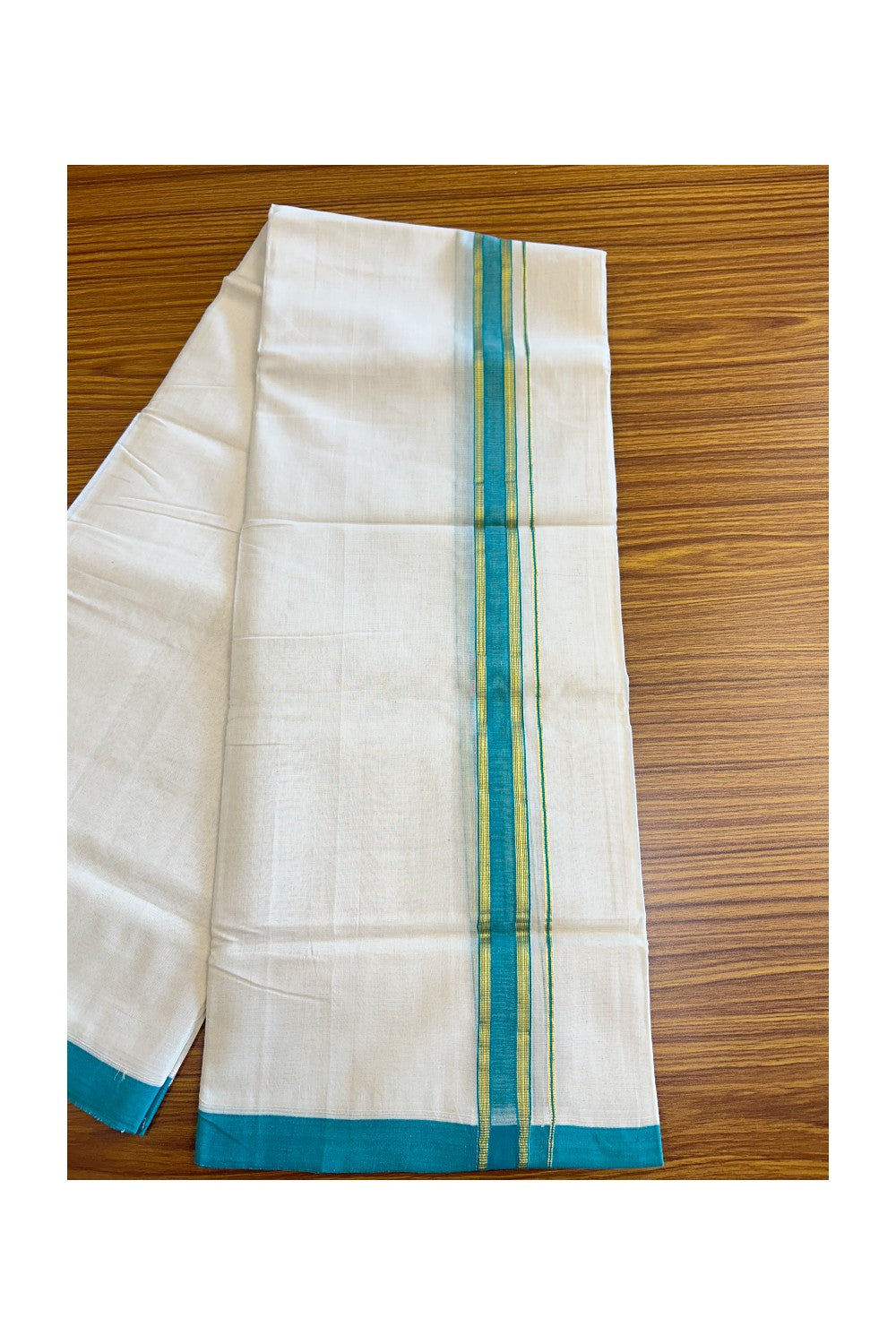 25% DISCOUNT! KaithariKada BALARAMAPURAM HANDLOOM UNAKKUPAAV - 100% PURE Cotton off white (Unbleached) Double Mundu/Dhoti - 1.5 inch Kasavu & Turquoise Blue Kara-60