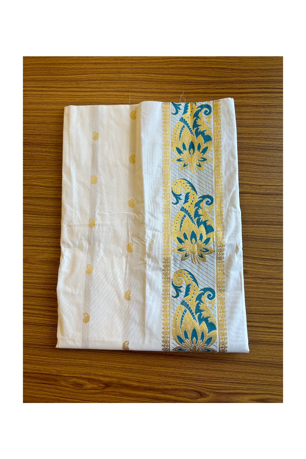 20% Discount ! Kaitharikada Traditional Kerala Style - Churidar Suit Material - Pure Cotton With Gold & Green Mango Design - 3KK505VIN
