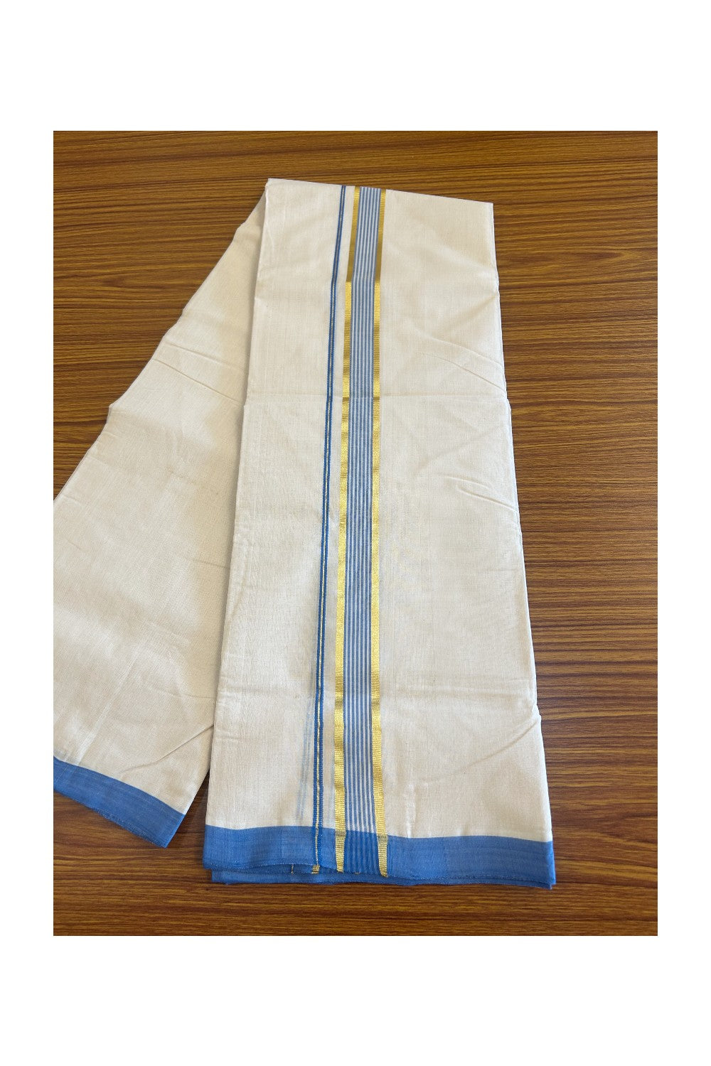 25% DISCOUNT! KaithariKada HANDLOOM Millpaav Balaramapuram - 100% PURE Cotton Off White - (Unbleached) - 100x100 Double Mundu/Dhoti - 1.75 inch Blue Kasavu Kara- 3KK506RAM