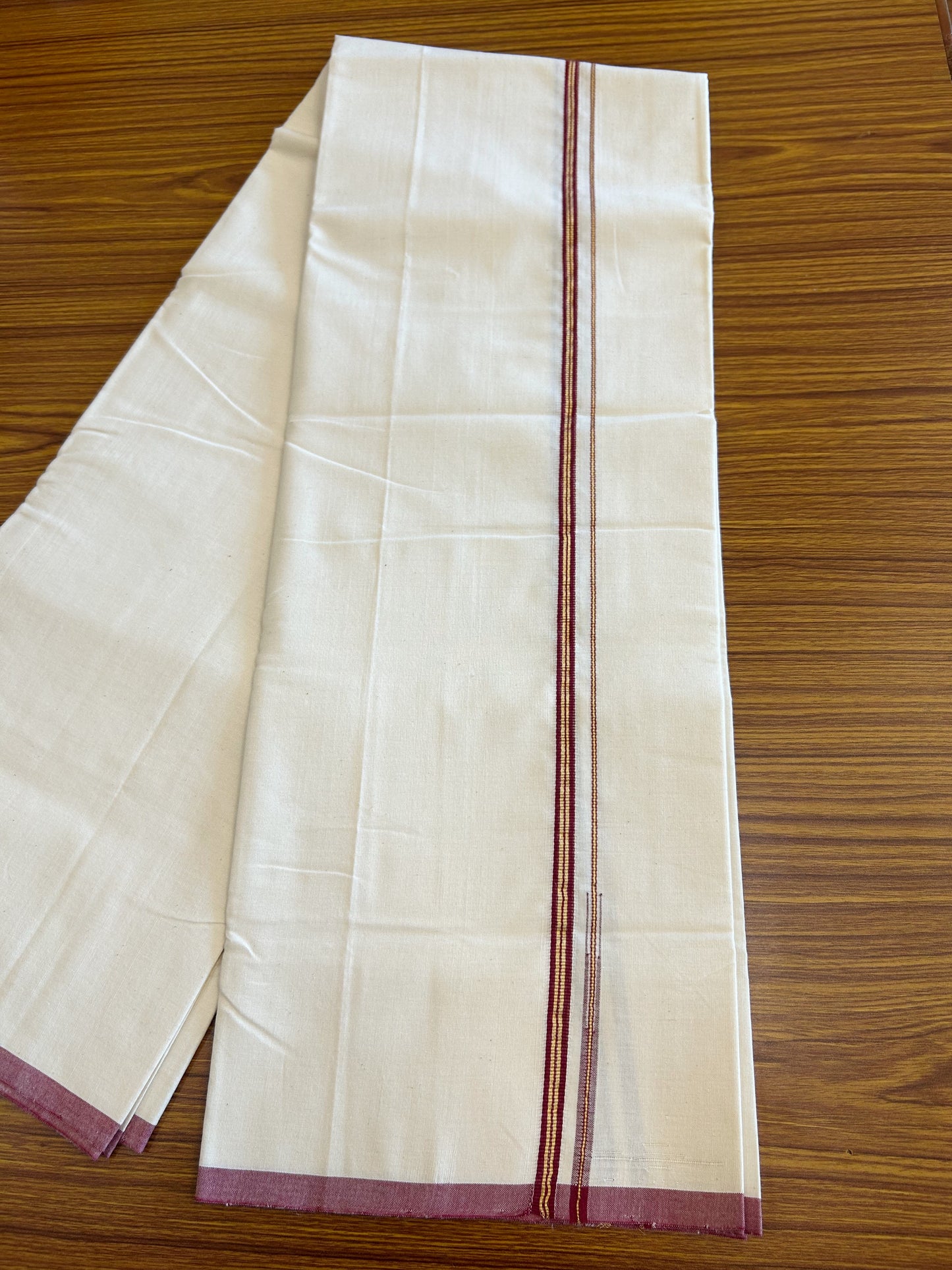 SIGNATURE KAITHARIKADA EXCLUSIVE SINGLE DHOTI - 100% Cotton Balaramapuram HANDLOOM Single Mundu/Dhoti - Off White - (Unbleached) 1 cm Maroon & KASAVU Striped Chutty Kara (2 metre / 4 muzham) - 3KK5078KAI