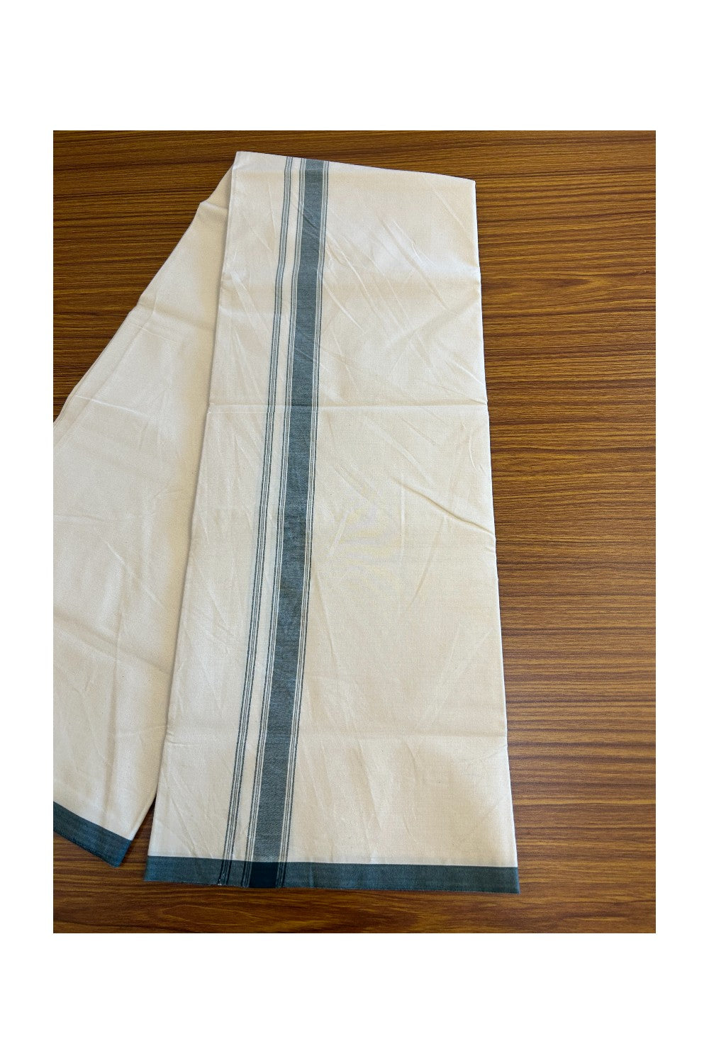 19% DISCOUNT ! KaithariKada Balaramapuram 100% COTTON SINGLE OFF WHITE - (Unbleached) Mundu/Dhoti-Twisted 100s Thread- 1.75 inch Green Striped Kara (2 metre - 4 muzham) - 3KK5084ASH