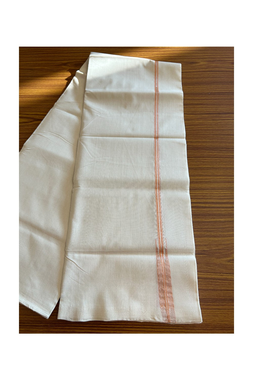 30% DISCOUNT!! KaithariKada HANDLOOM UNAKKUPAAV Balaramapuram - 100% PURE Cotton OFF White - (Unbleached) Double Mundu/Dothi - 1.5 cm Puliyilakkara silver kasavu & Orange Striped chutty - 3KK5089YAR