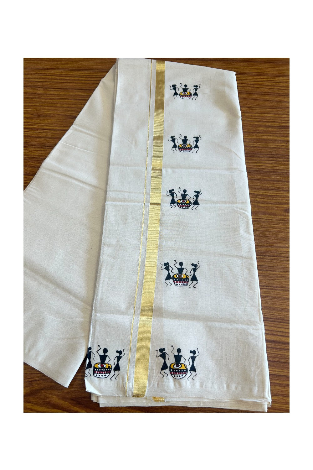 25% Discount!! KaithariKada HANDLOOM Millpaav Balaramapuram - 100% PURE Cotton OFF White - (Unbleached) Double Mundu/Dothi - 1.25 Inch Kasavu kara Hand Painted Warli Design - 3KK5091RAM