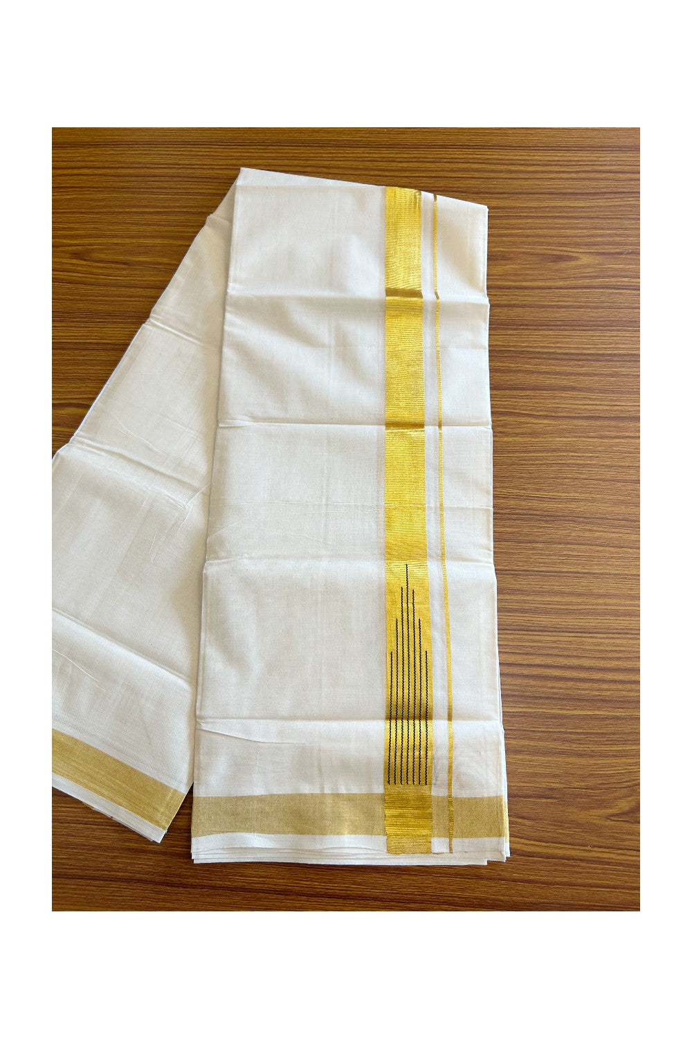 20% Discount !! KaithariKada Balaramapuram 100% Cotton Double Off white - (Unbleached) Mundu/Dhoti - 100 X 80 - 1.5 inch Kasav & Black Chutty kara - 129 KK5258 THI
