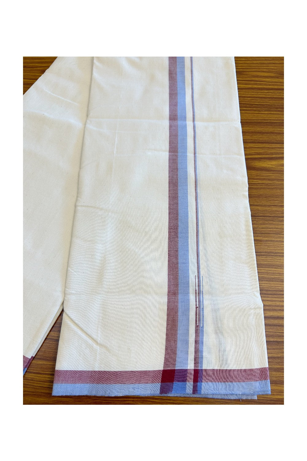 SIGNATURE KAITHARIKADA EXCLUSIVE SINGLE DHOTI - 25% Discount!! 100% Cotton Balaramapuram HANDLOOM Single Mundu/Dhoti - Off White - (Unbleached) 1 inch Lavender Blue & Maroon Puliyilakkara chutty (2 meters /4 muzham) - 3KK5124KAI