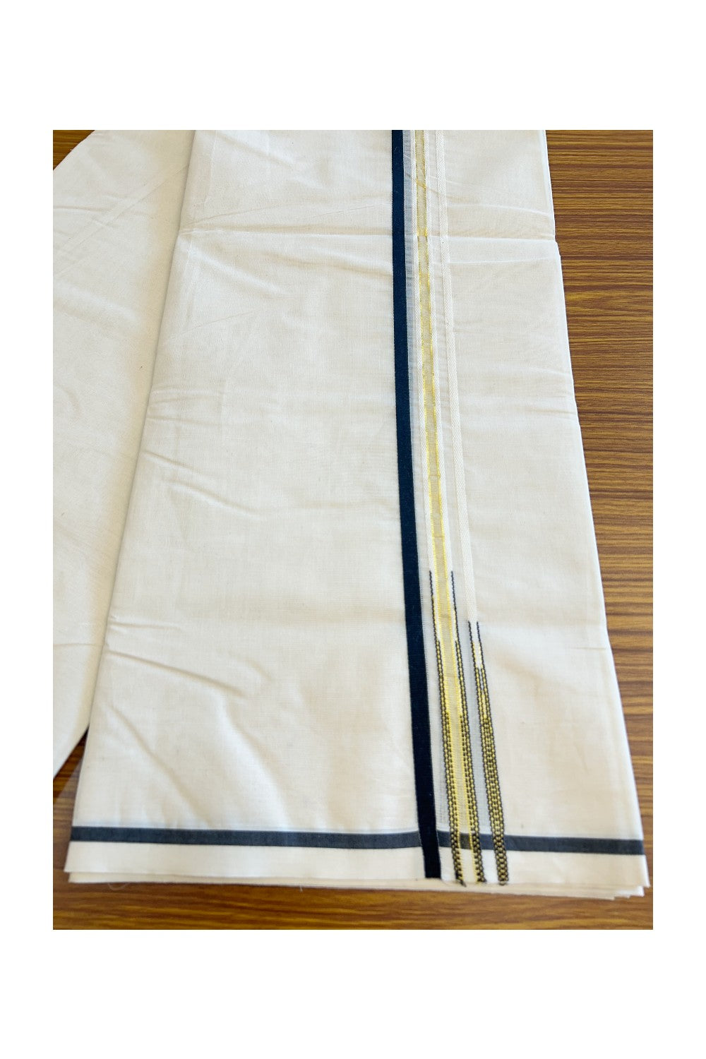 20% Discount!!! KaithariKada Balaramapuram 100% Cotton off white (Unbleached) Double Mundu/Dhoti-100x100 1.cm Double Chutty Black & Kasavu-23
