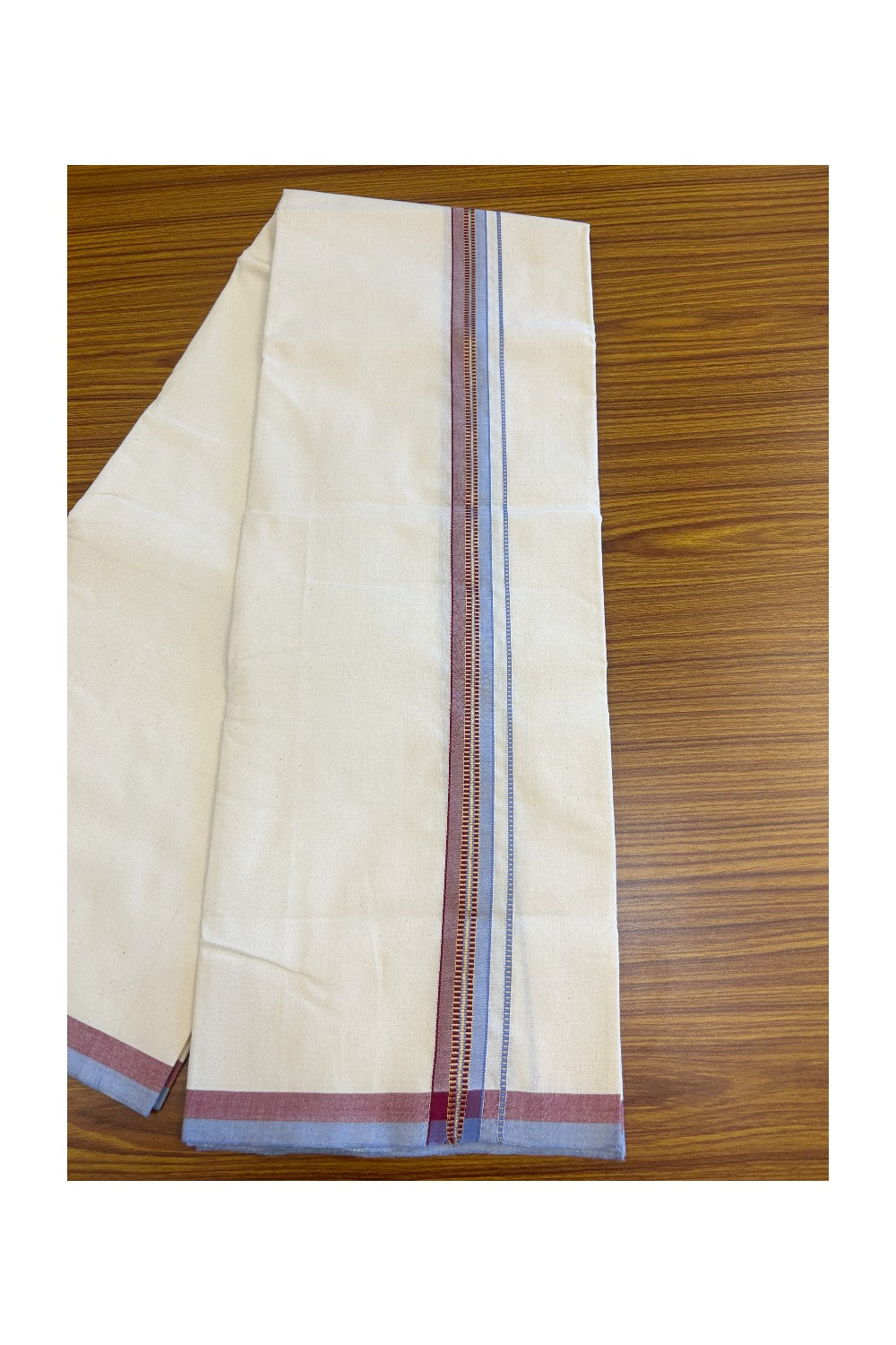 SIGNATURE KAITHARIKADA EXCLUSIVE SINGLE DHOTI - 30% Discount!! 100% Cotton Balaramapuram HANDLOOM Single Mundu/Dhoti - Off White - (Unbleached) 1 inch Lavender Blue & Maroon Kasavu Muthukuri kara (2 meters /4 muzham) - 2KK5131KAI
