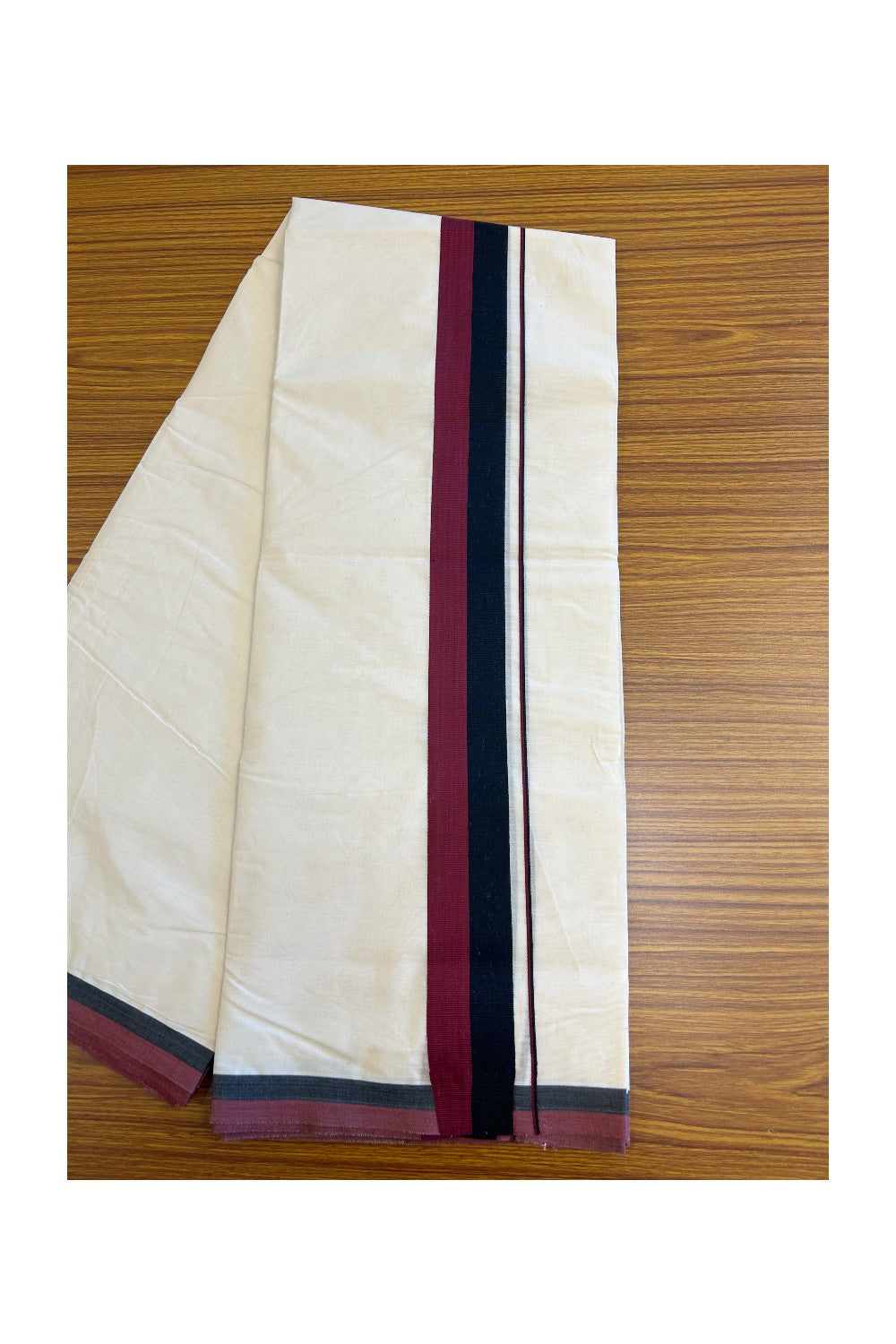 DMK Veshti - 18% DISCOUNT! KaithariKada 100% Cotton off white Double - (Unbleached) Mundu/Dhoti - 100X100 - 2 inch Black & Maroon kara - 3KK5133ASH