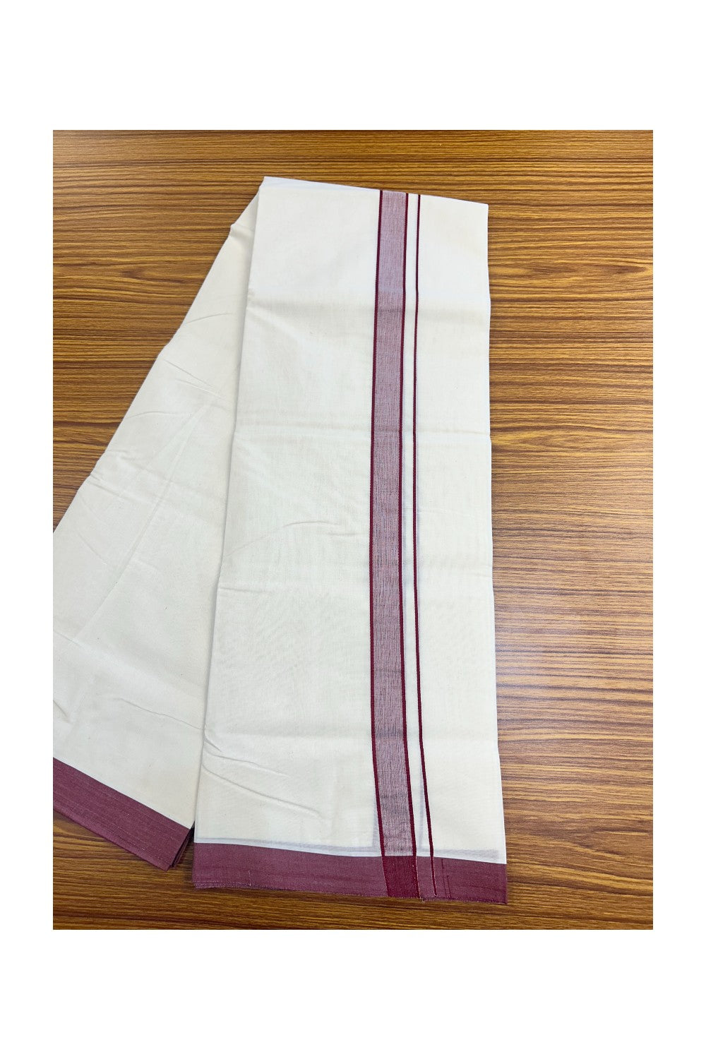 22% Discount ! KaithariKada Balaramapuram 100% Cotton Double Off white - (Unbleached) - Mundu/Dhoti- 100x80 - 1 inch Maroon Shaded Kara.- 3KK5140ASH