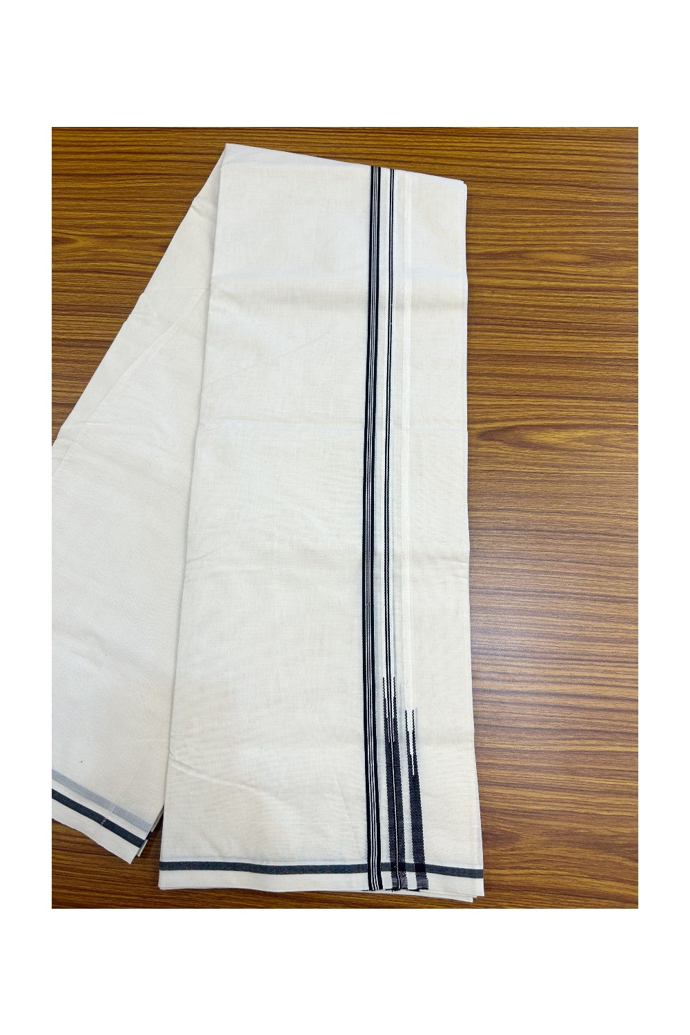 27% DISCOUNT!! KaithariKada Balaramapuram 100% Cotton off white Double - (Unbleached) Mundu/Dhoti-100x100 Puliyilakkara Double Chutty 0.25 inch Black Striped Kara 3.75 mtr (8 Muzham)- 3KK5168ASH