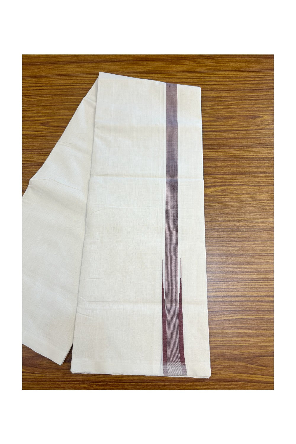 25% DISCOUNT! KaithariKada BALARAMAPURAM HANDLOOM MILLPAAV - 100% PURE Cotton Off white (Unbleached) Double Mundu/Dhoti - 1.25 inch Dark Maroon & Silver Kasav Chutty Kara - 10KK5170RAM