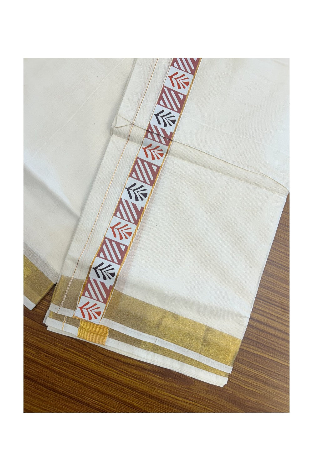 20% DISCOUNT! KaithariKada Balaramapuram 100% Cotton off white - (Unbleached) Double Mundu/Dhoti - 80X72 Cotton mix - 1.5 inch Printed Multicolour & Gold kasavu kara - 3KK5172PMC