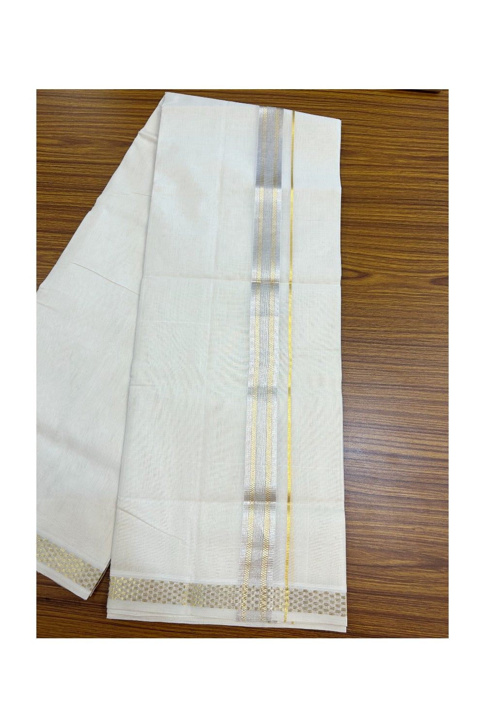 25% DISCOUNT ! KaithariKada HANDLOOM Unakkupaav Balaramapuram - 100% PURE Cotton Off White - (Unbleached) Double Mundu/Dhoti - 100x100 - 1.25 inch Silver & Gold Kasavu Designer Kara - 3KK5176ABH