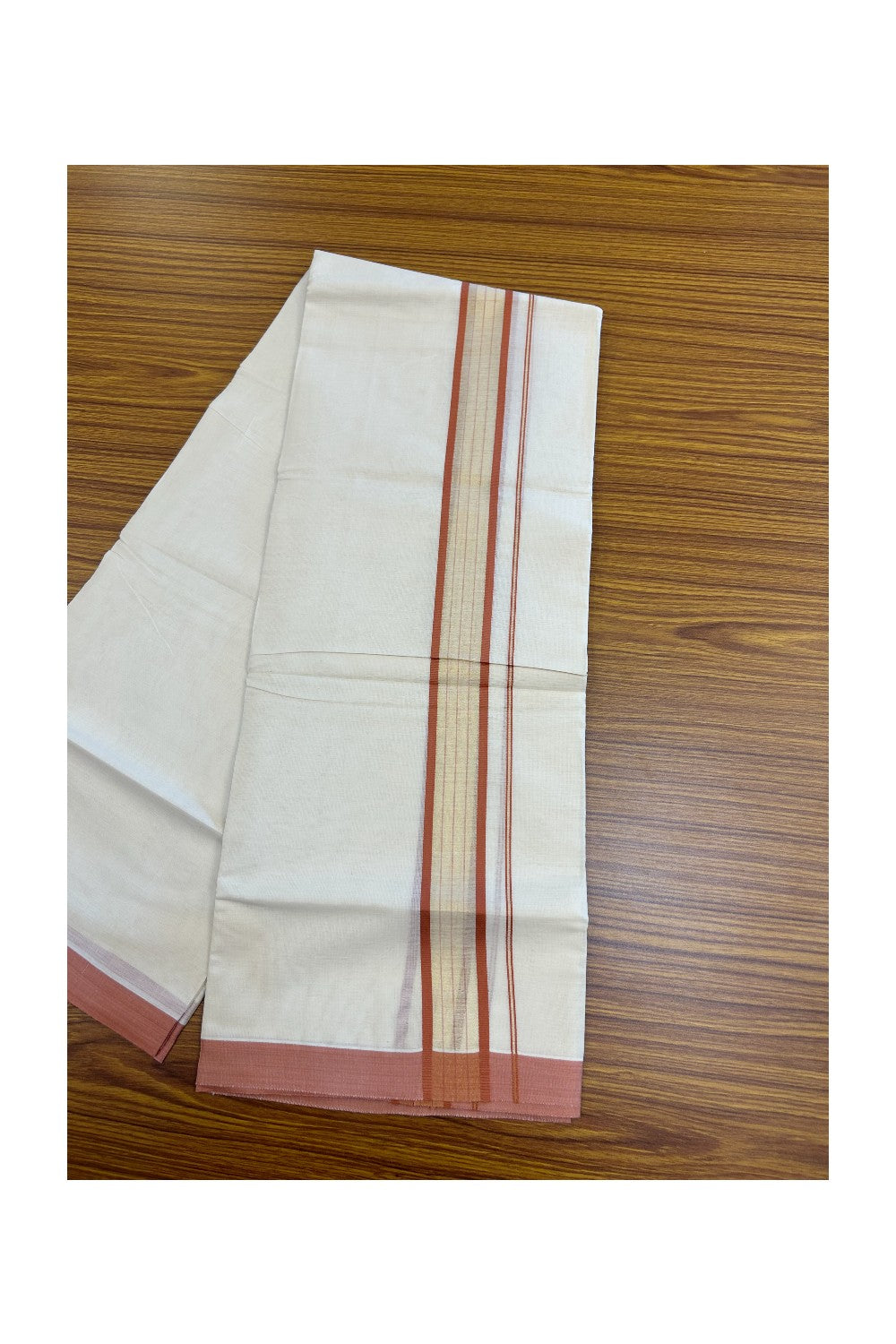 20% DISCOUNT! KaithariKada Balaramapuram Double OFF WHITE Mundu/Dhoti - 80x90 - 1.5 Inch Tissue Brick Orange striped Kara - 3KK5182VAS